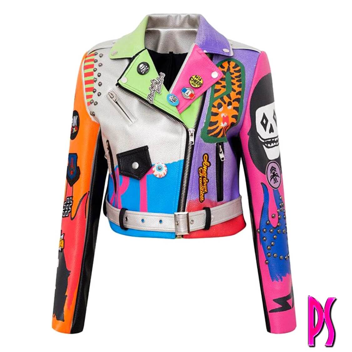 Graffiti Stud Biker Jacket Multi