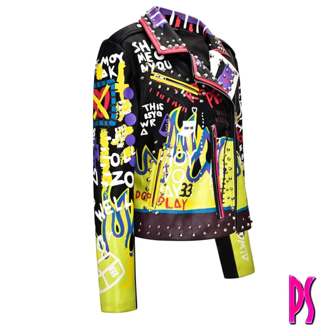 Graffiti Stud Biker Jacket Black Yellow