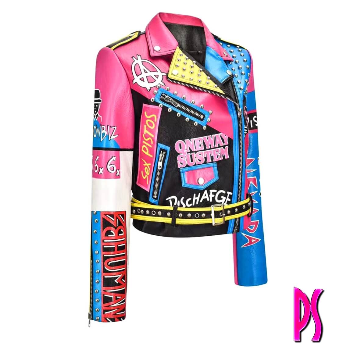 Graffiti Stud Biker Jacket Pink Blue