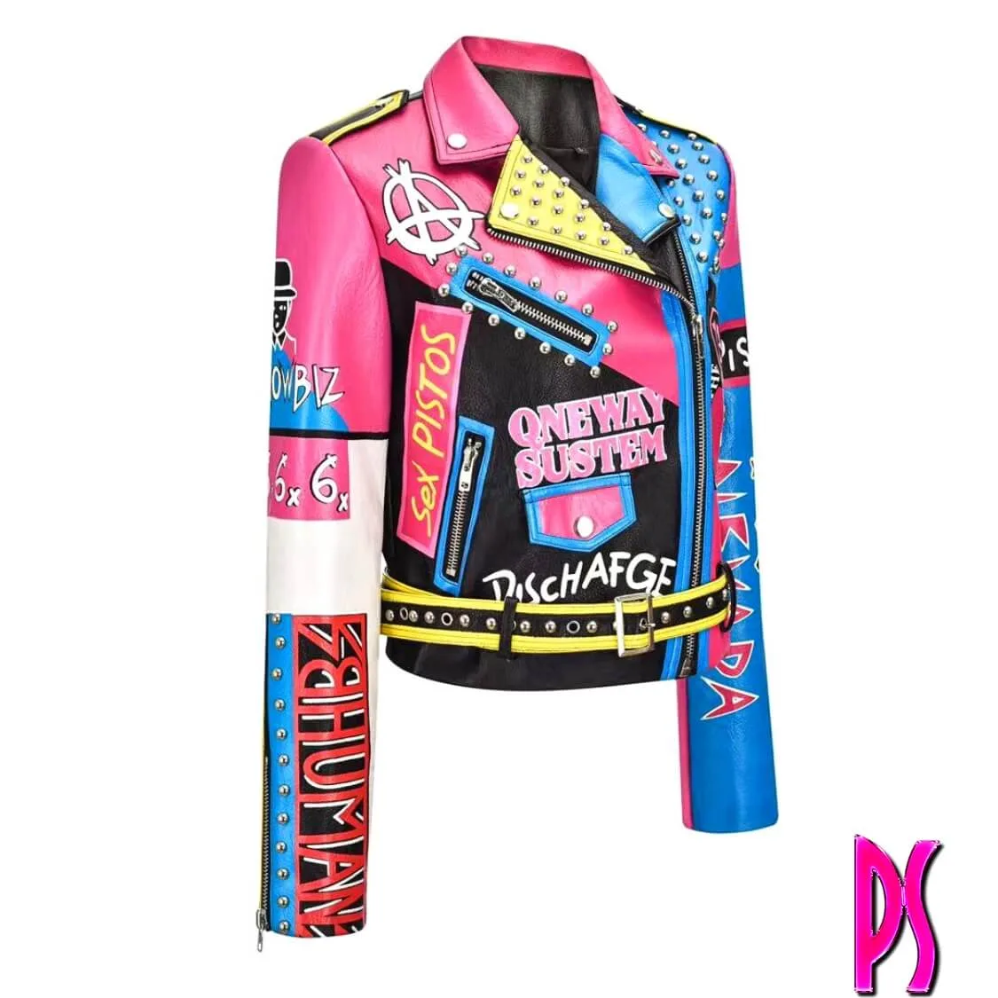 Graffiti Stud Biker Jacket Pink Blue