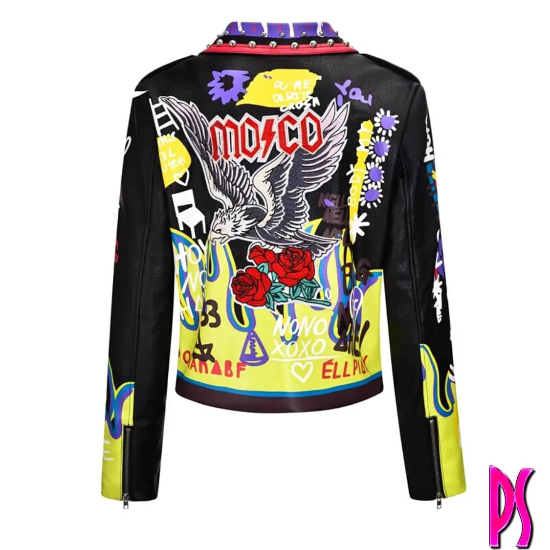 Graffiti Stud Biker Jacket Black Yellow