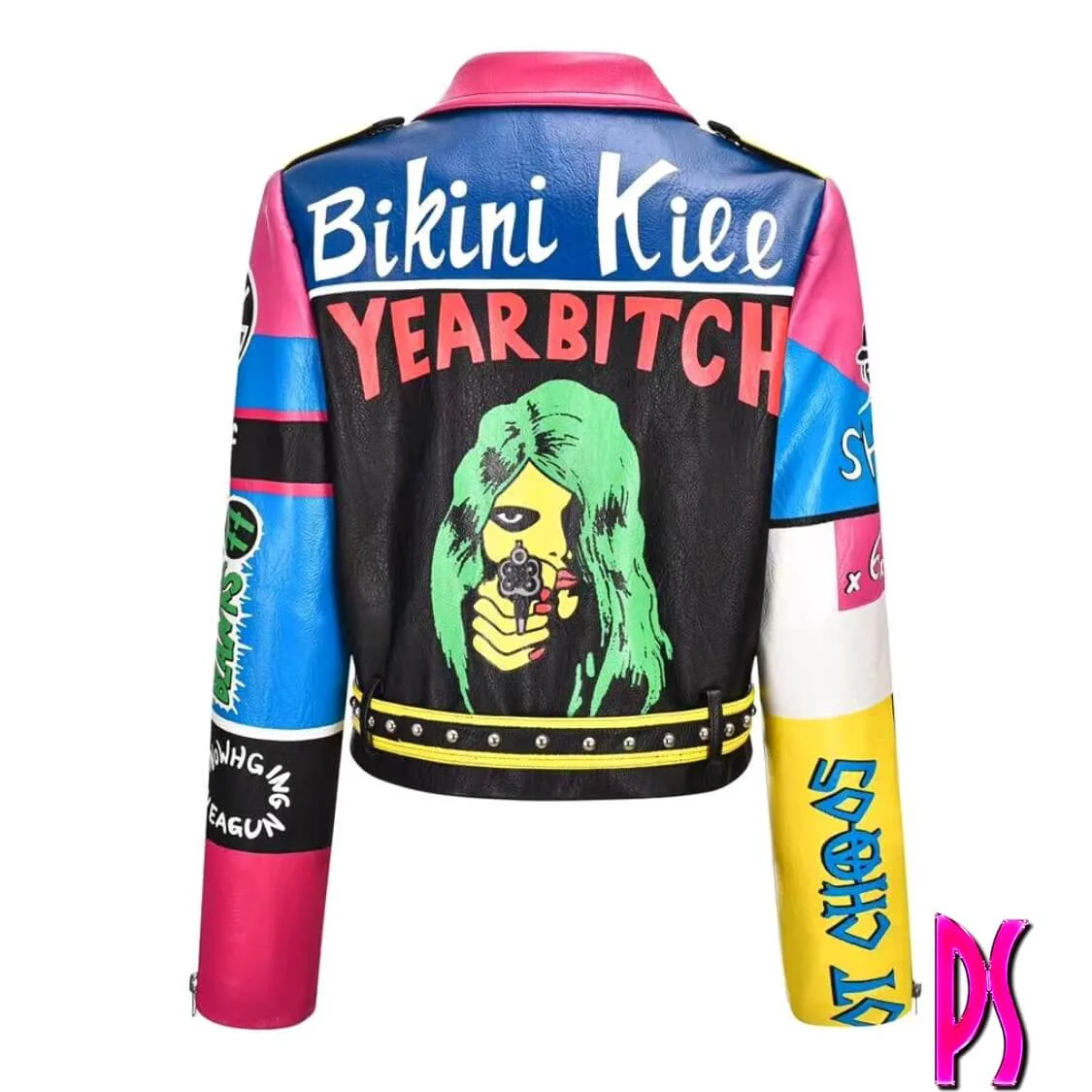 Graffiti Stud Biker Jacket Pink Blue