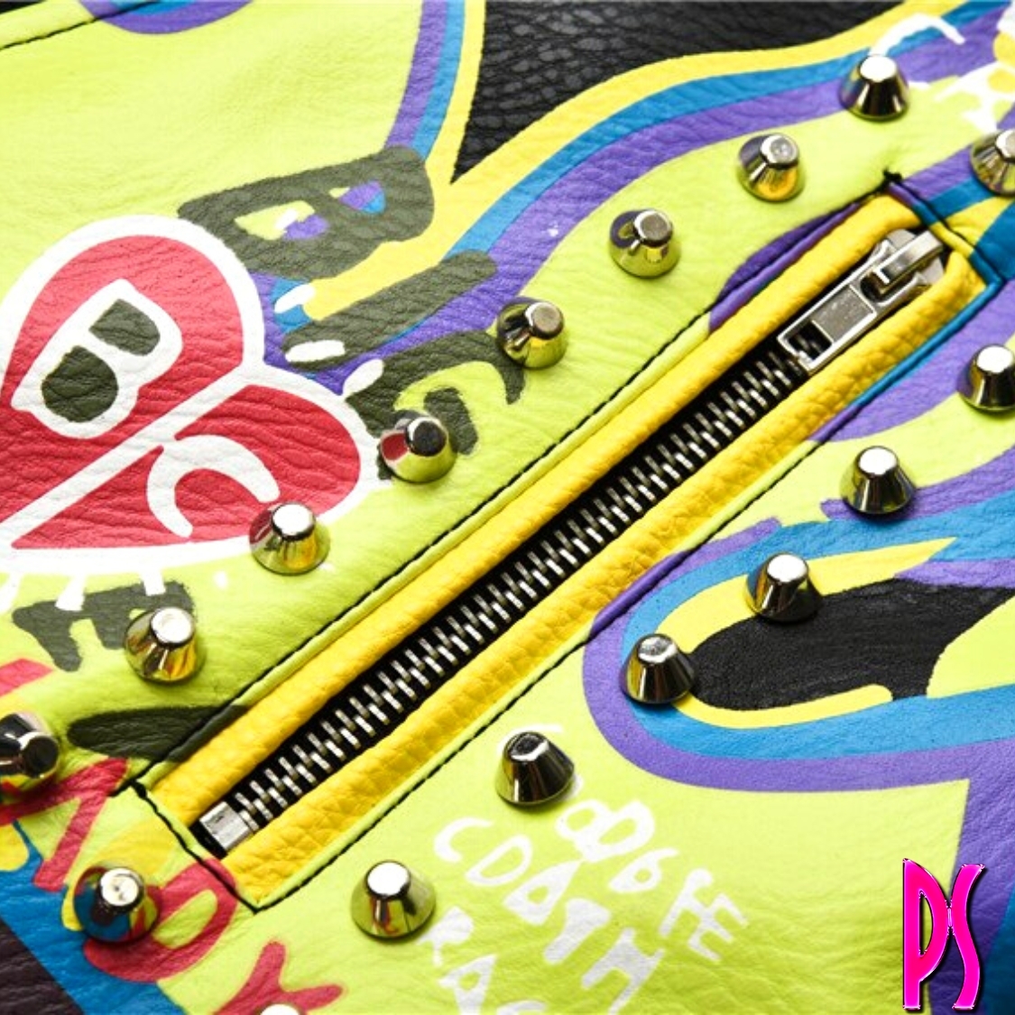Graffiti Stud Biker Jacket Black Yellow