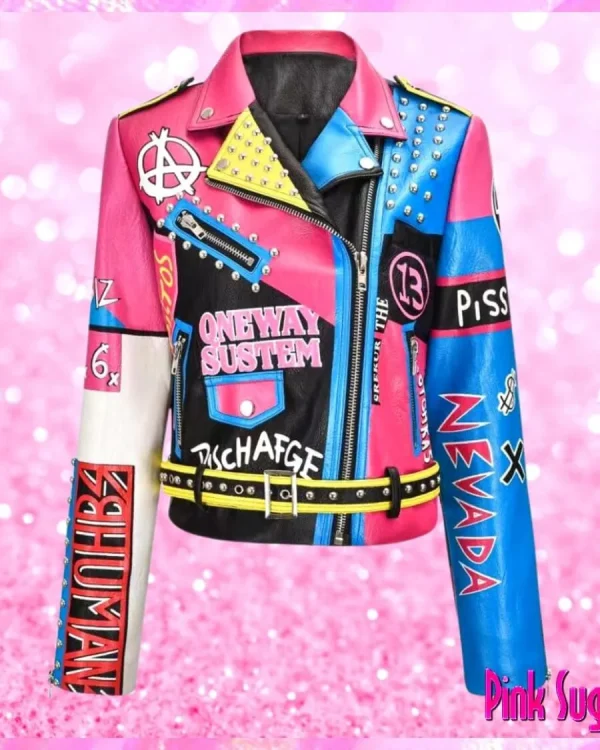 Graffiti Stud Biker Jacket Pink Blue