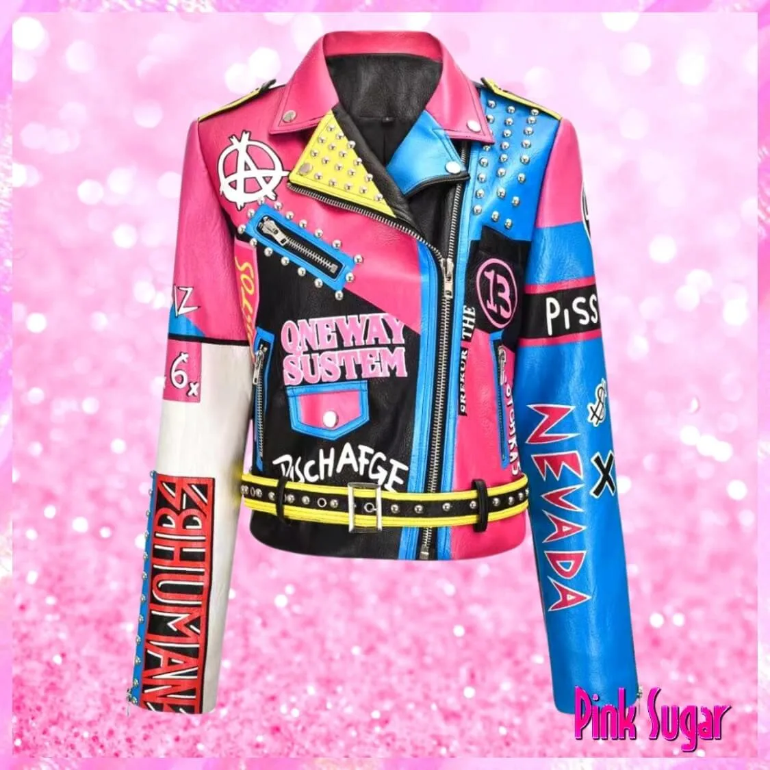Graffiti Stud Biker Jacket Pink Blue
