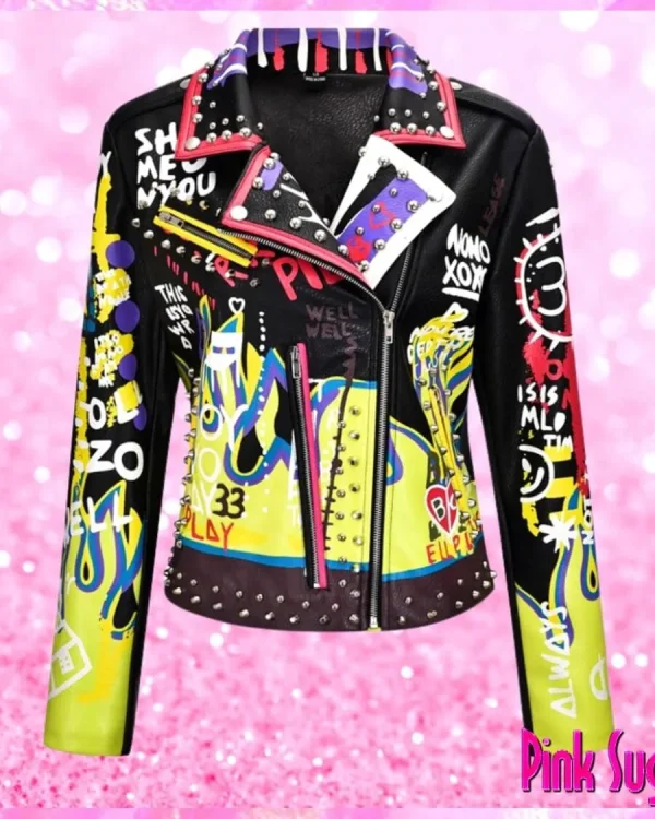 Graffiti Stud Biker Jacket Black Yellow