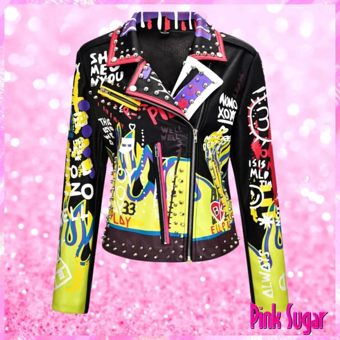 Graffiti Stud Biker Jacket Black Yellow