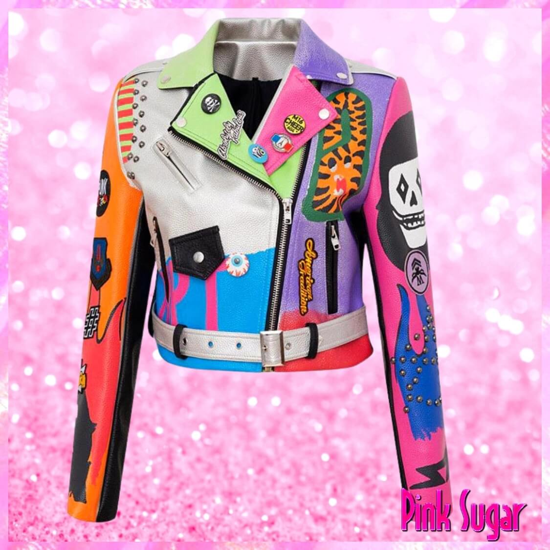 Graffiti Stud Biker Jacket Multi
