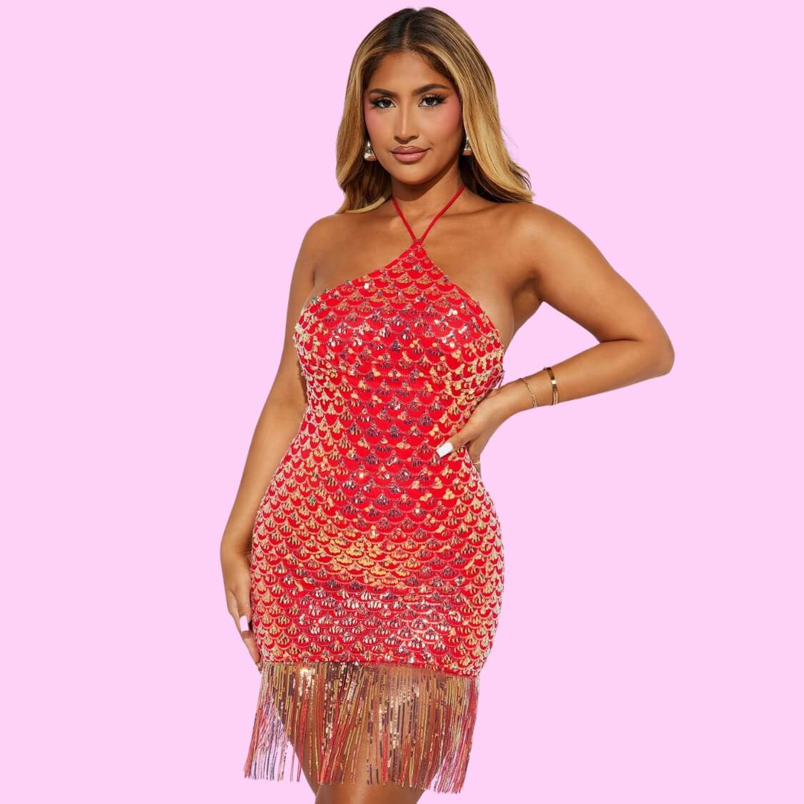 Sequin Halter Dress Red
