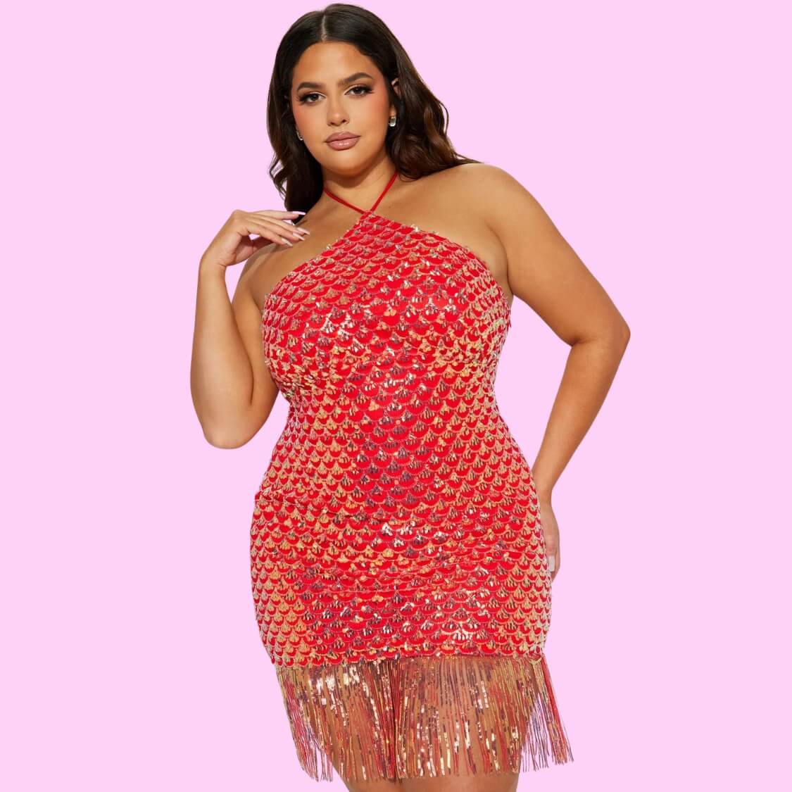 Sequin Halter Dress Red