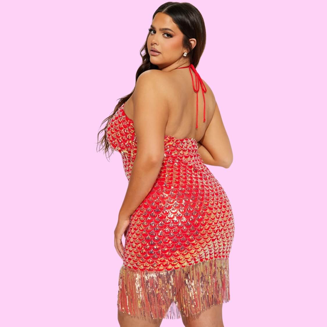 Sequin Halter Dress Red