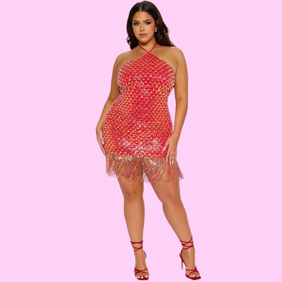 Sequin Halter Dress Red