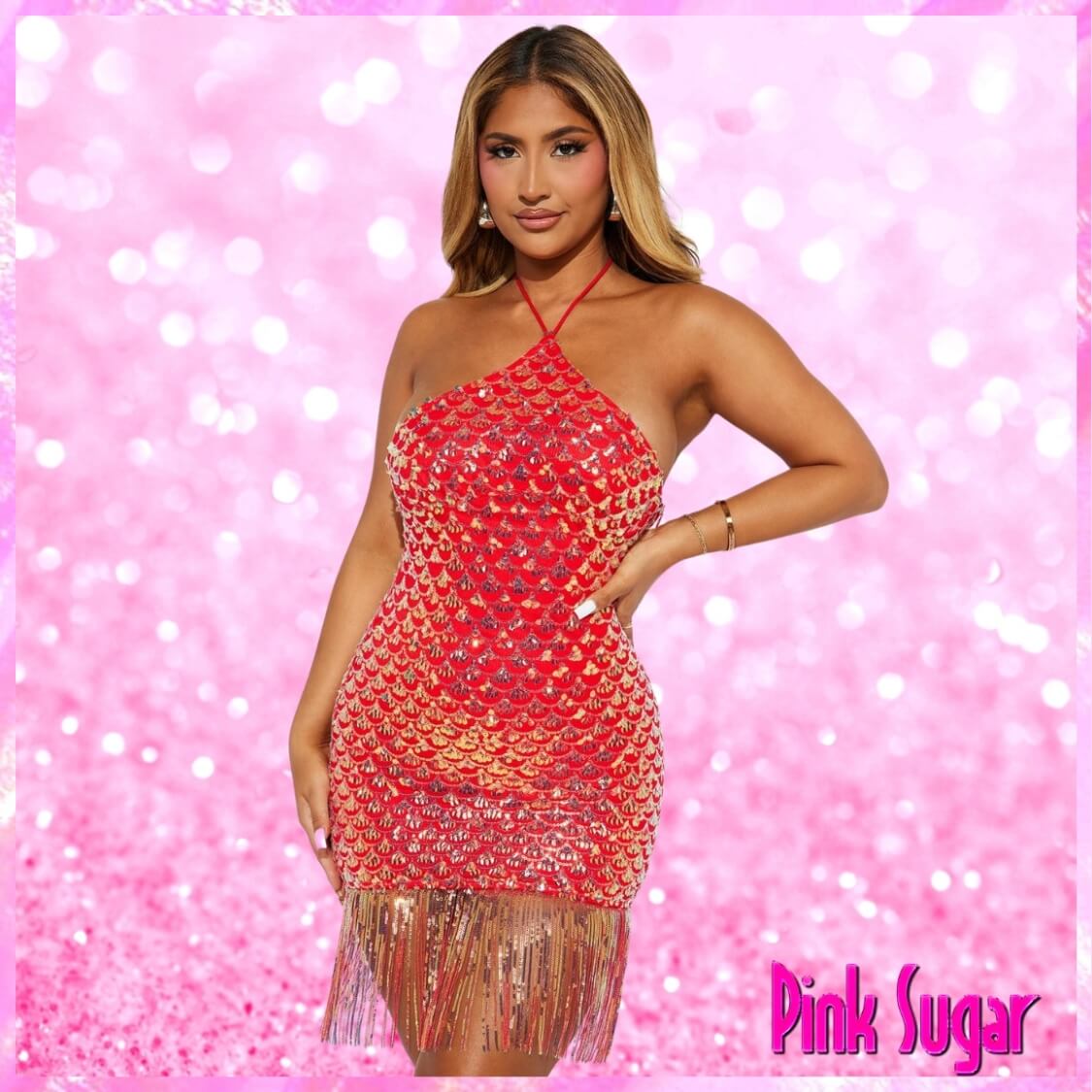 Sequin Halter Dress Red
