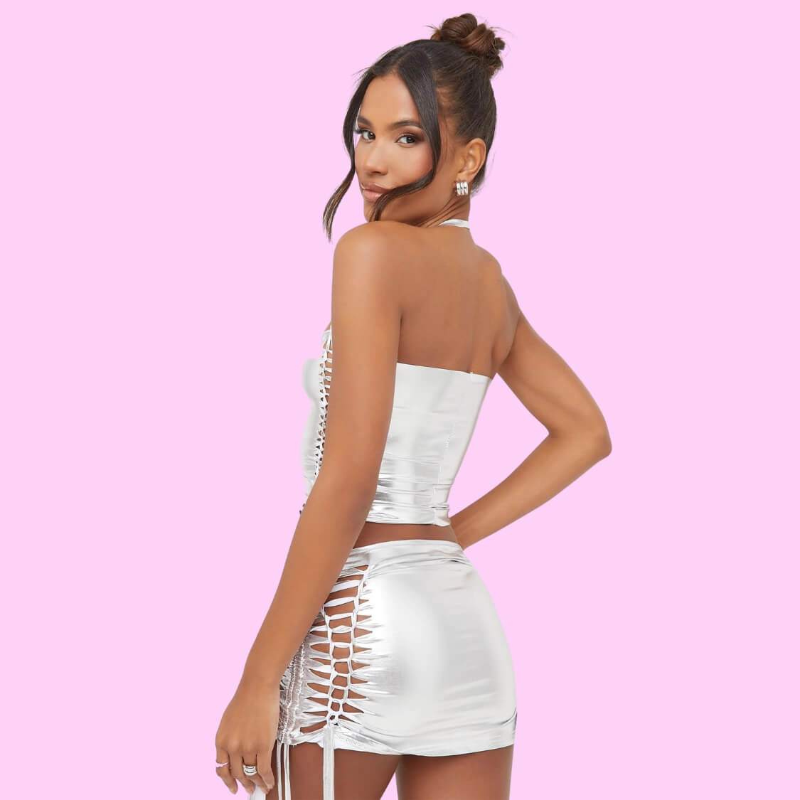 Halterneck Ladder Detail Crop Skirt Set Silver