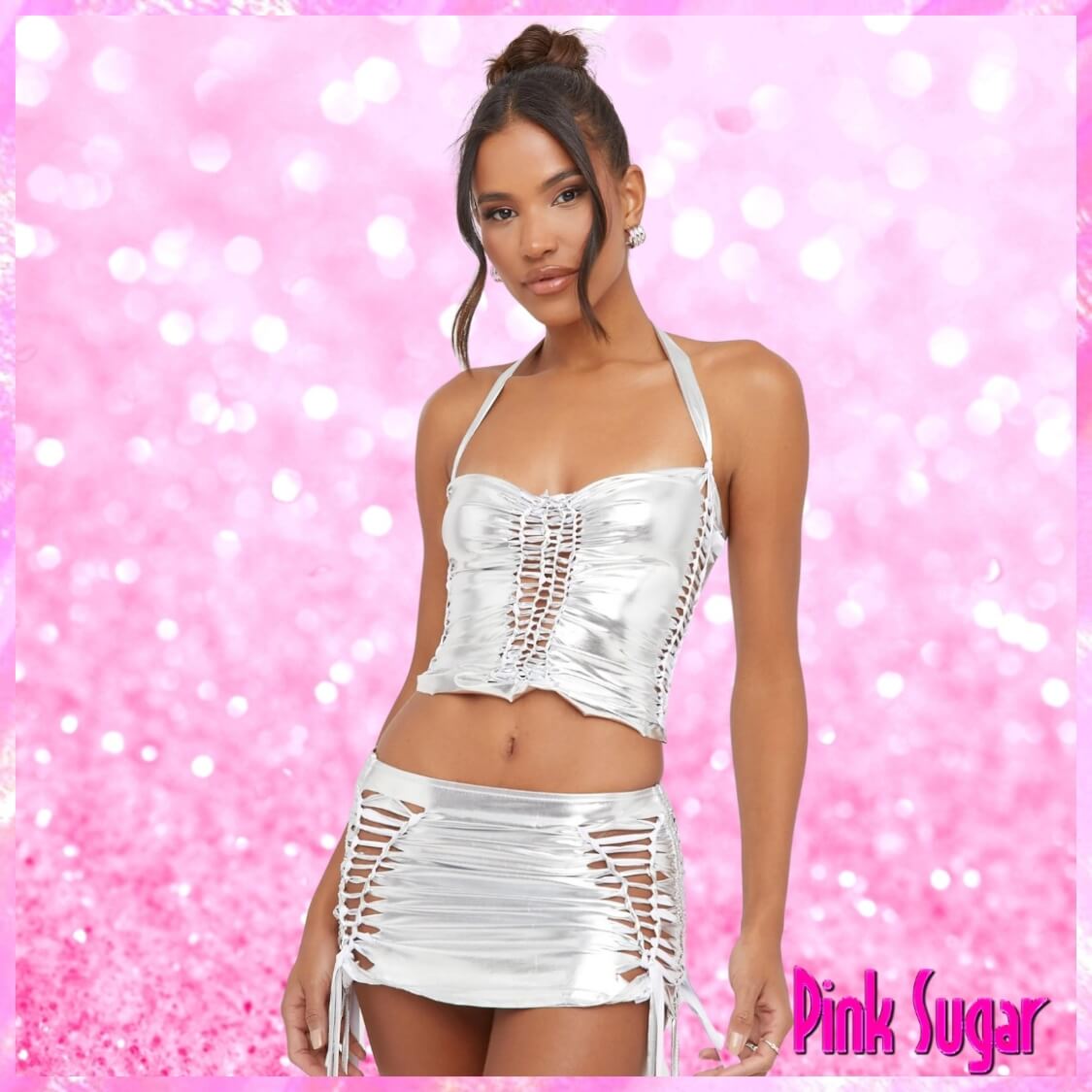 Halterneck Ladder Detail Crop Skirt Set Silver