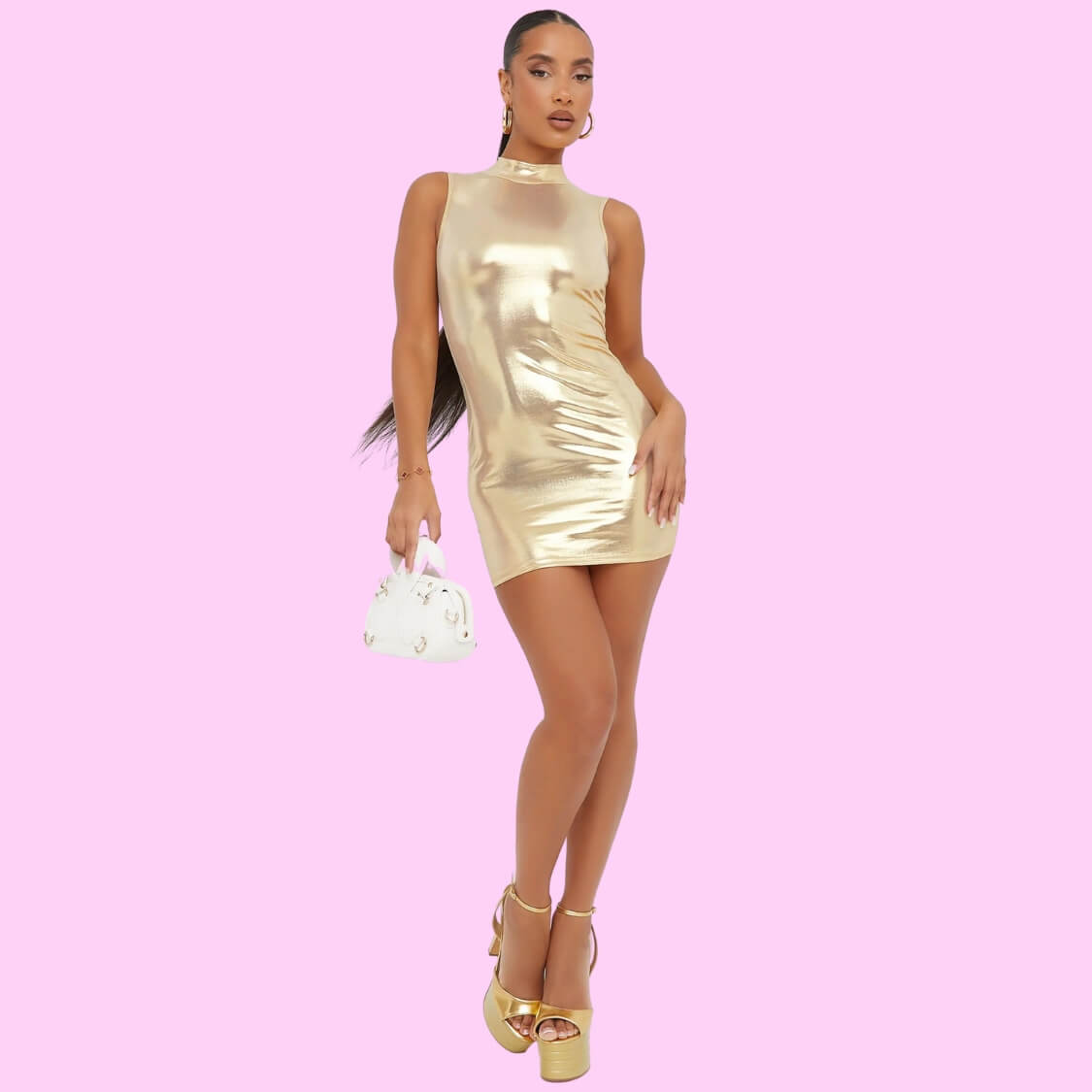 High Neck Sleeveless Bodycon Dress Gold