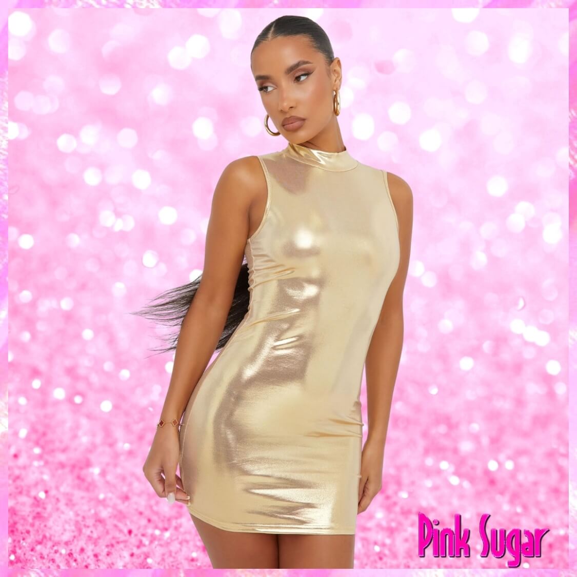 High Neck Sleeveless Bodycon Dress Gold