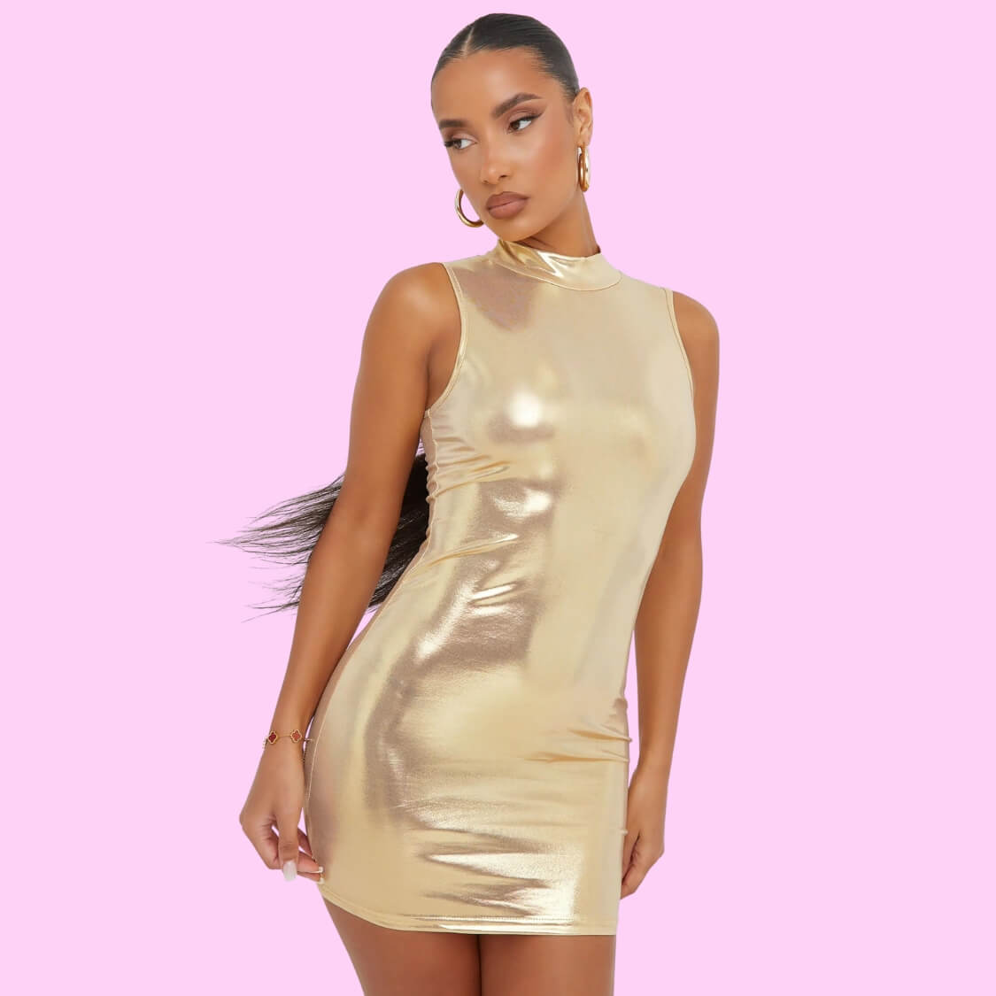 High Neck Sleeveless Bodycon Dress Gold
