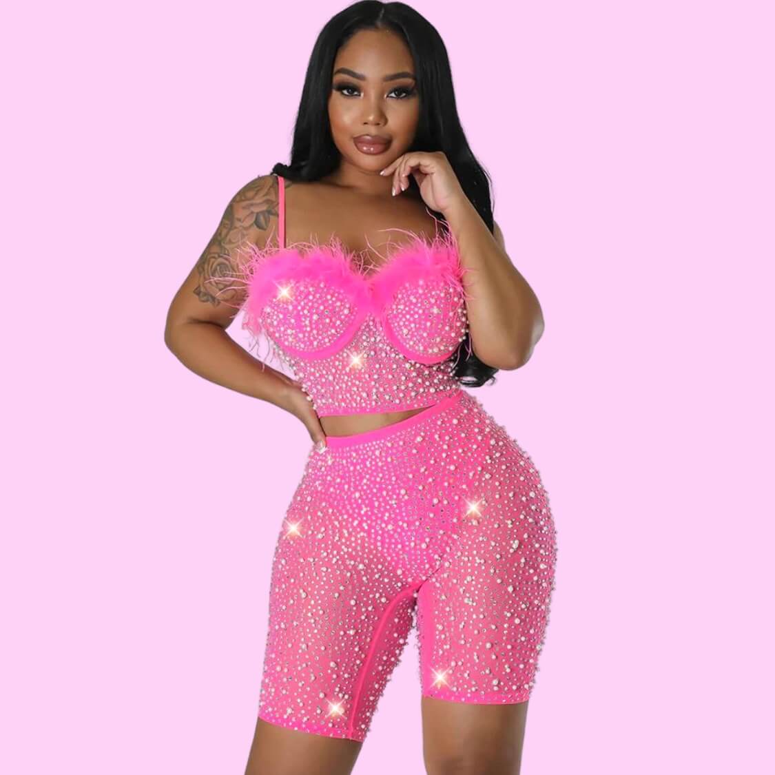 Hot Pink Embellished Bustier Shorts Set