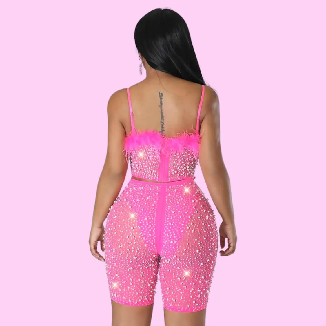 Hot Pink Embellished Bustier Shorts Set