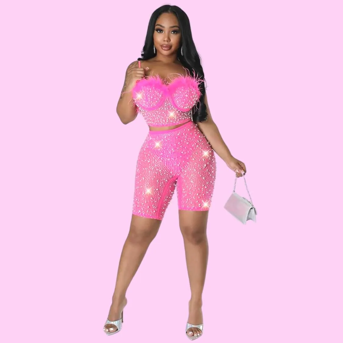Hot Pink Embellished Bustier Shorts Set