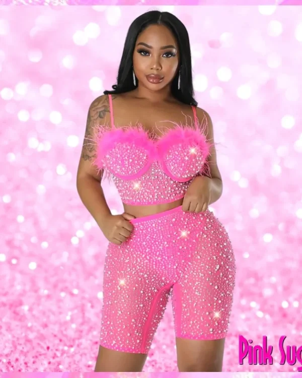 Hot Pink Embellished Bustier Shorts Set