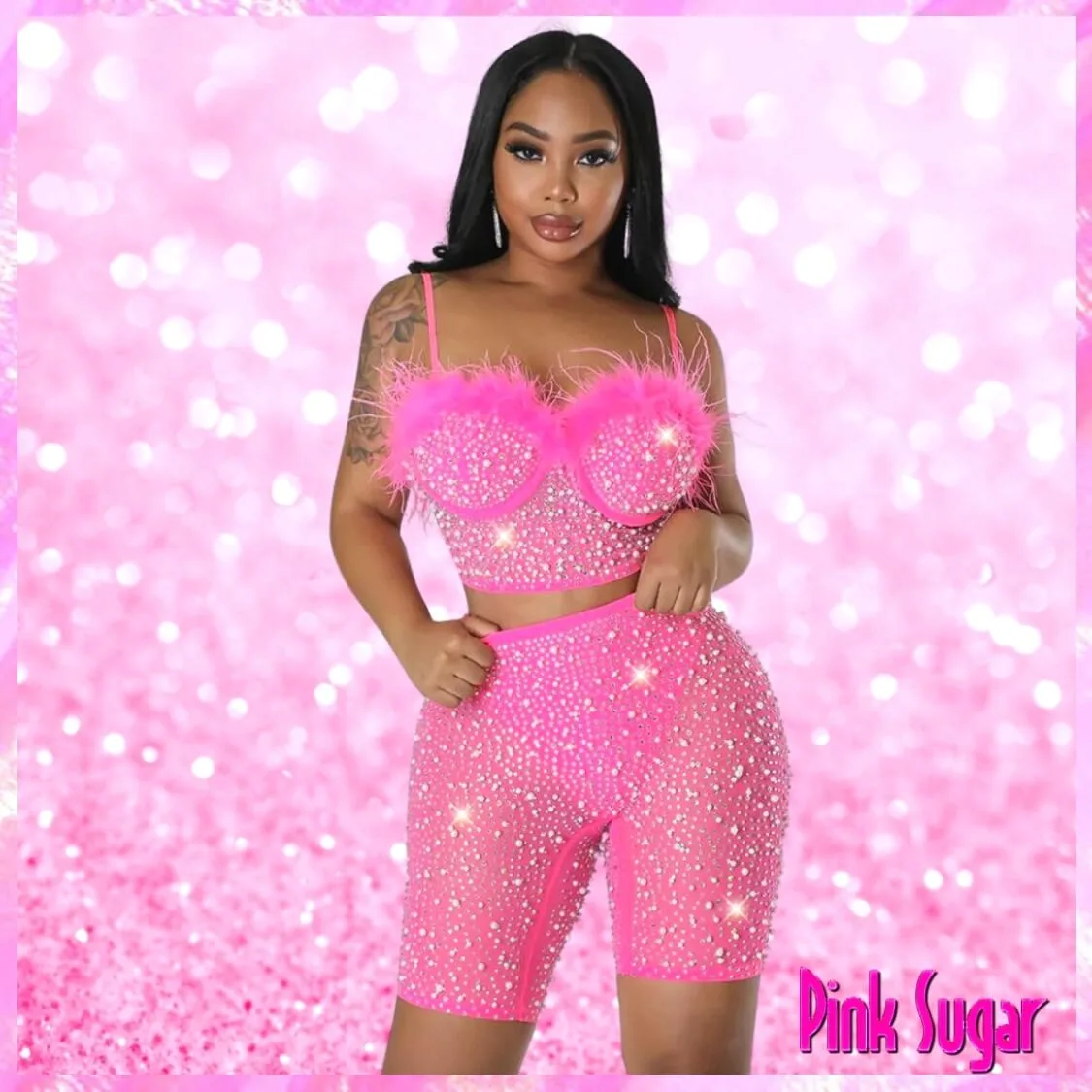 Hot Pink Embellished Bustier Shorts Set