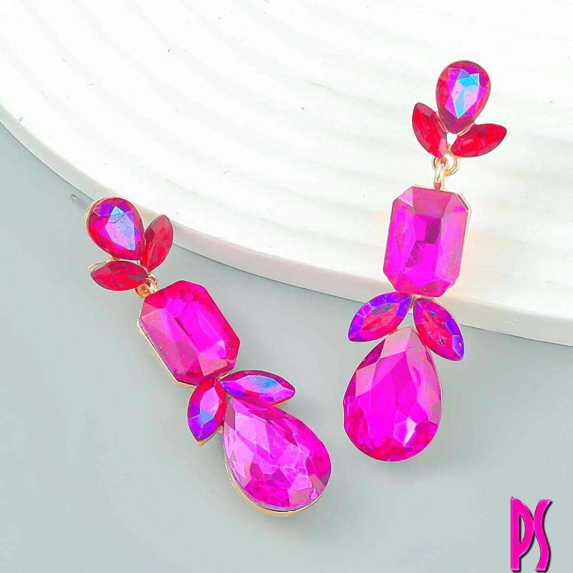 Hot Pink Holo Crystal Drop Earrings