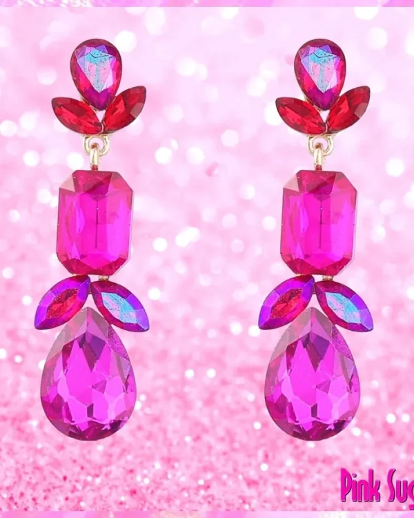 Hot Pink Holo Crystal Drop Earrings
