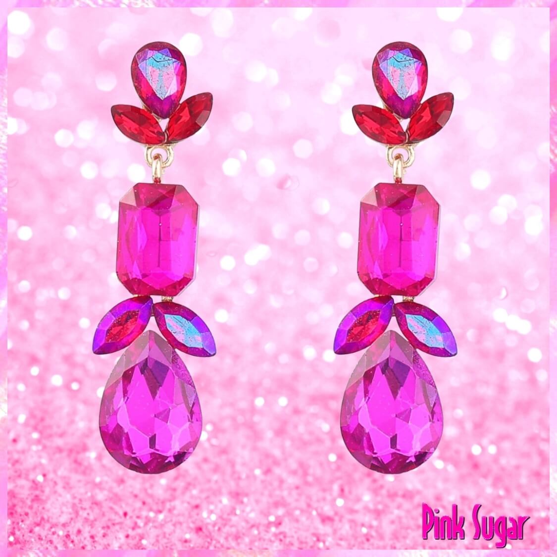 Hot Pink Holo Crystal Drop Earrings
