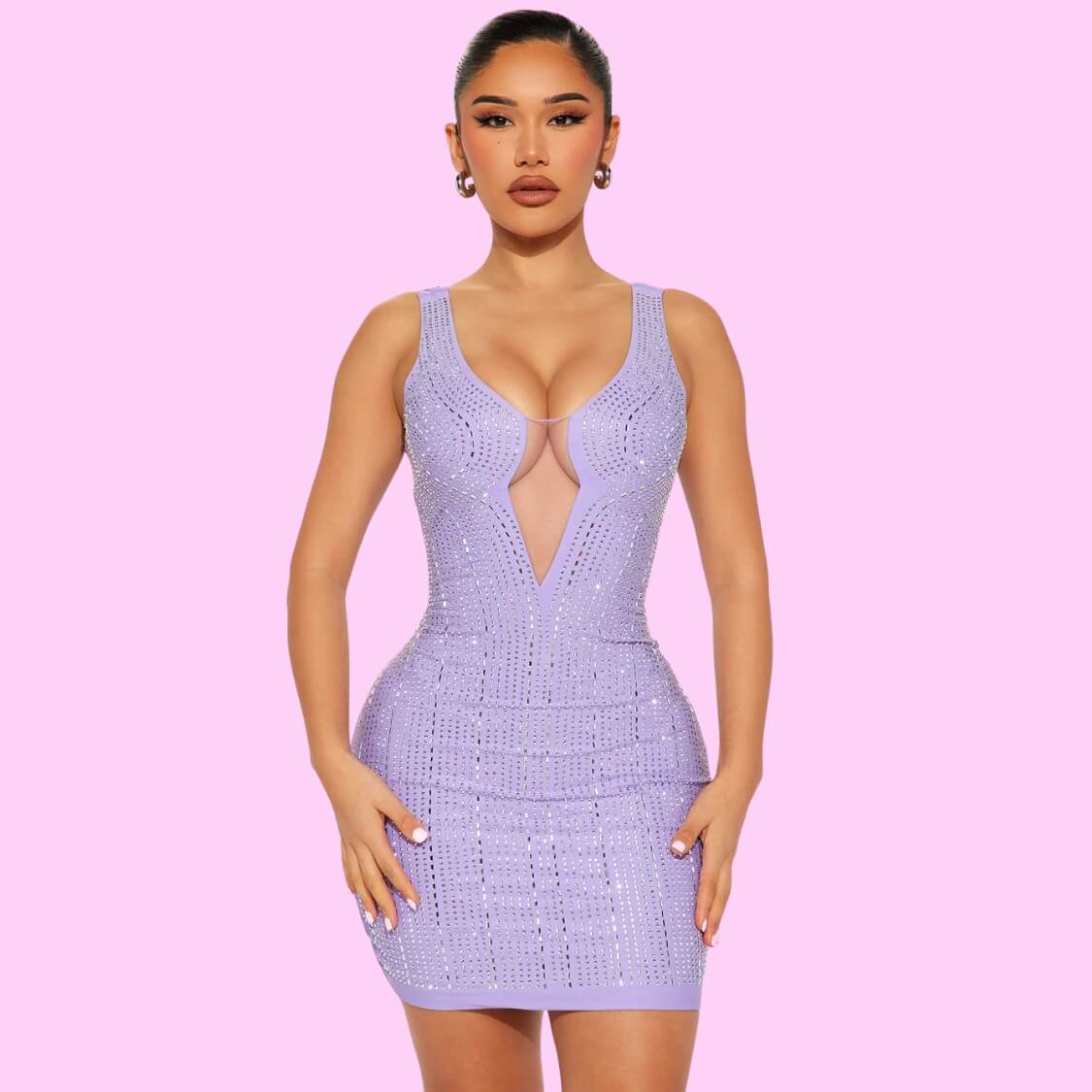 Low Cut Rhinestone Party Dress Lilac