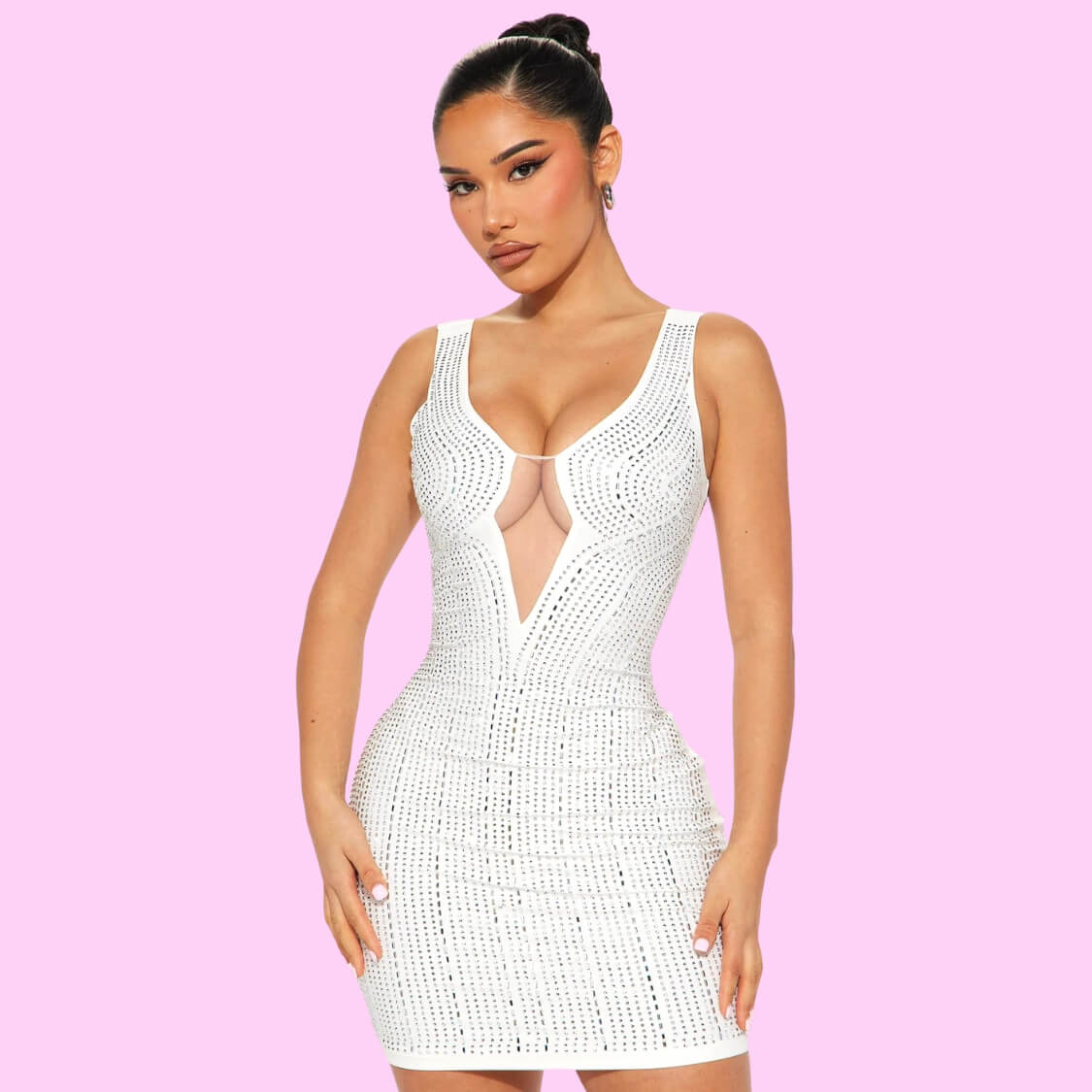 Low Cut Rhinestone Party Dress White