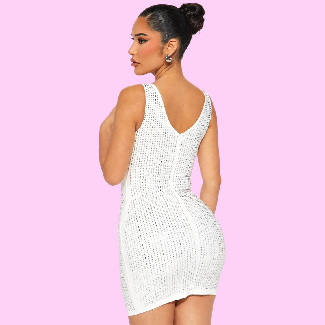 Low Cut Rhinestone Party Dress White