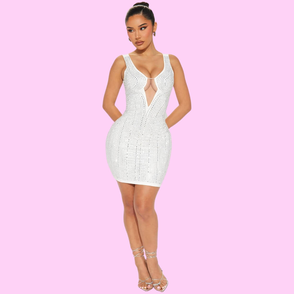 Low Cut Rhinestone Party Dress White