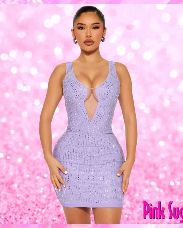 Low Cut Rhinestone Party Dress Lilac