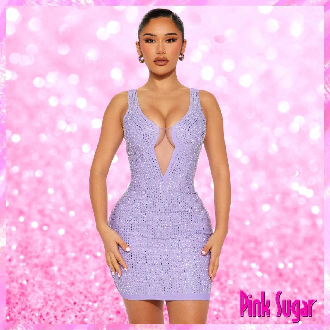 Low Cut Rhinestone Party Dress Lilac