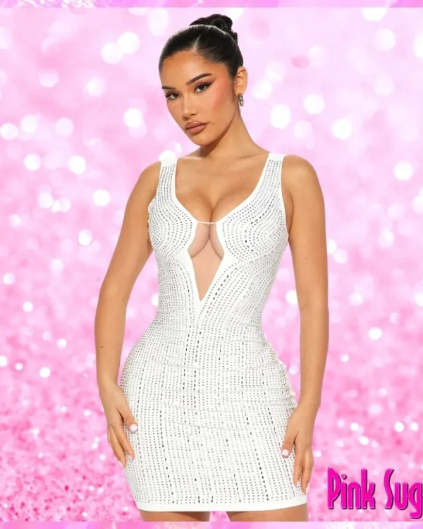 Low Cut Rhinestone Party Dress White