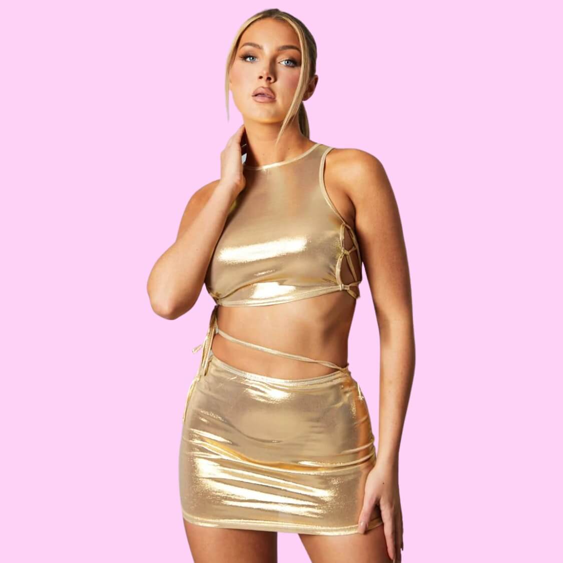 Metallic Cropped Top Mini Skirt Set Gold