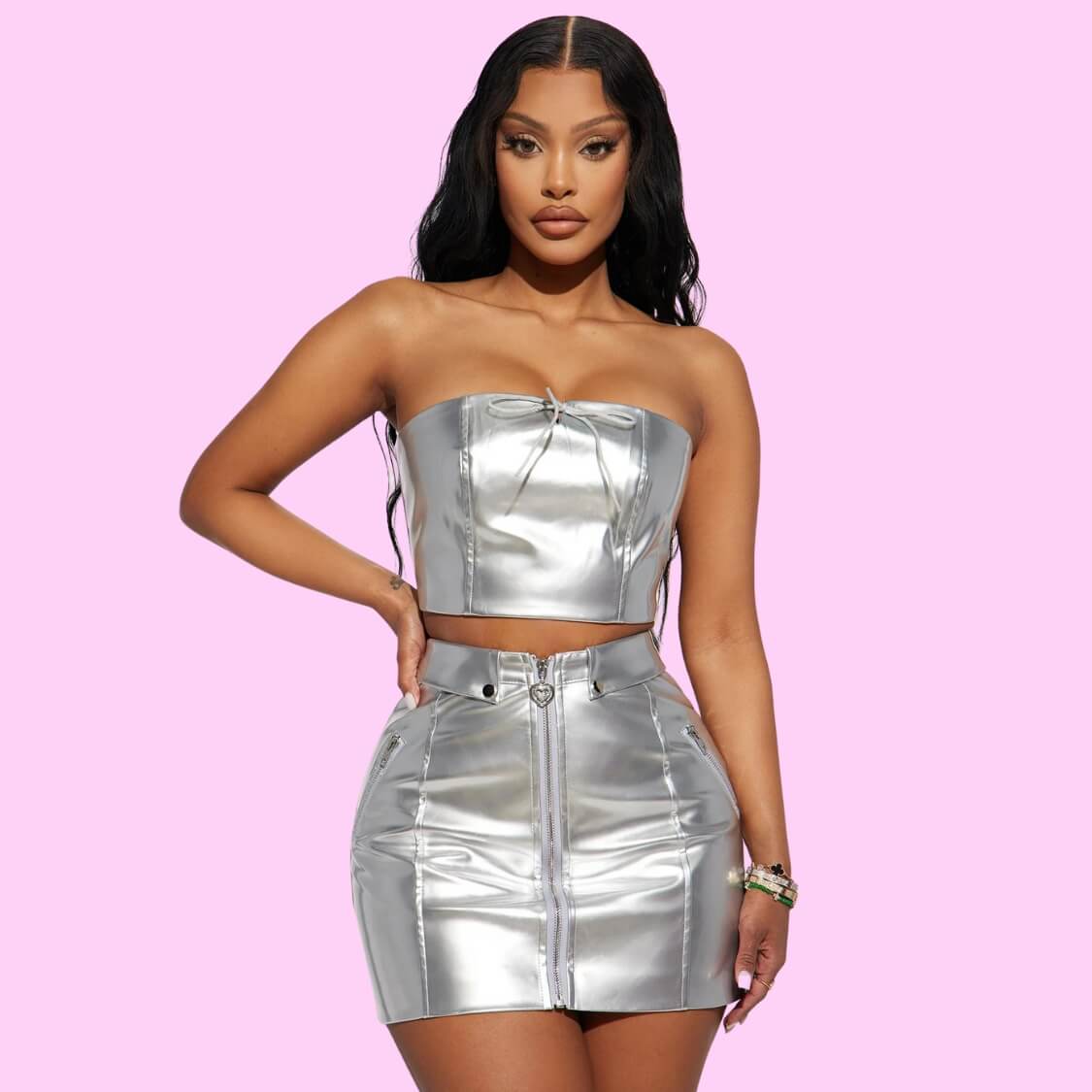 Metallic Silver Crop Tube Top Skirt Set