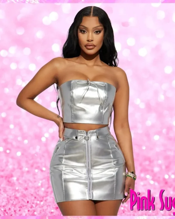 Metallic Silver Crop Tube Top Skirt Set