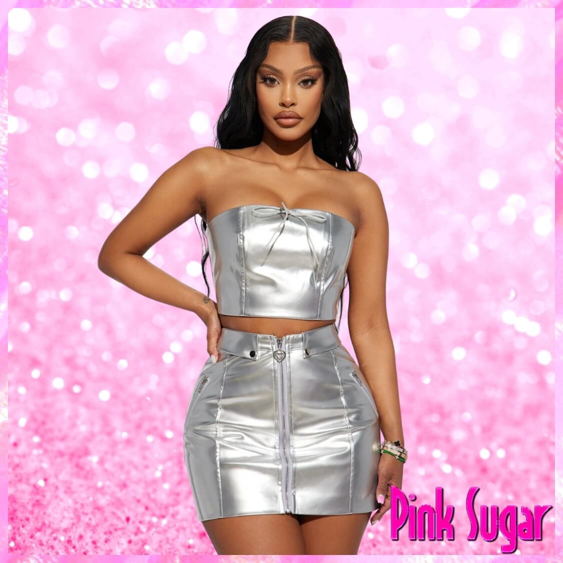 Metallic Silver Crop Tube Top Skirt Set