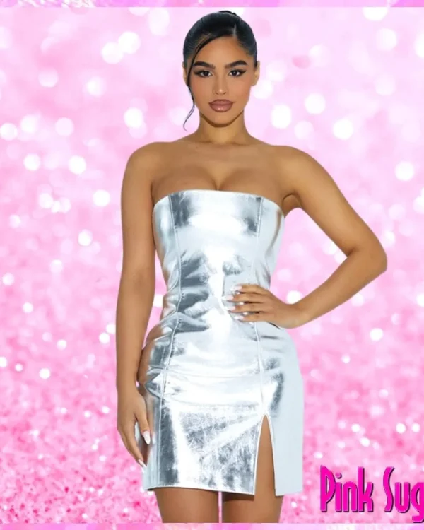 Metallic Silver Strapless Dress
