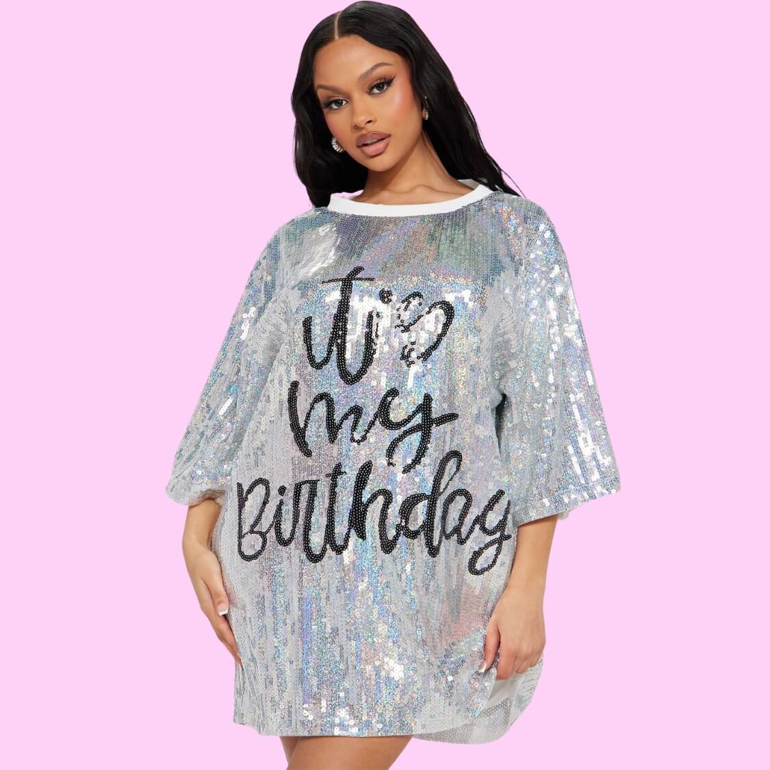 My Birthday Sequin T-Shirt Dress Silver