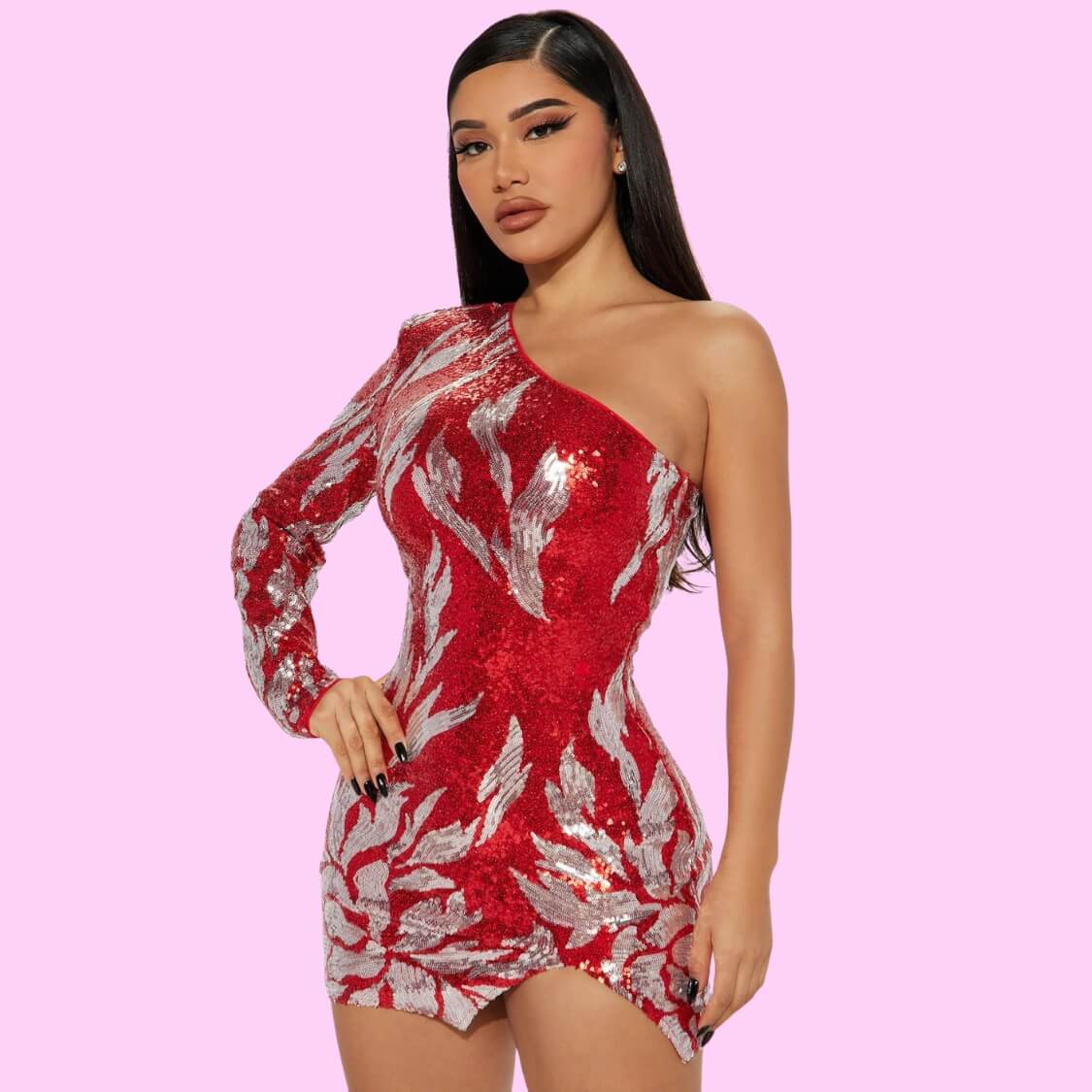 Red One Shoulder Sequin Dress