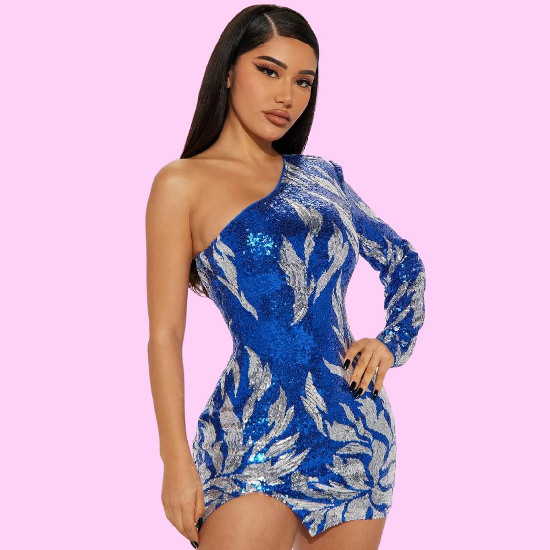 Blue One Shoulder Sequin Dress