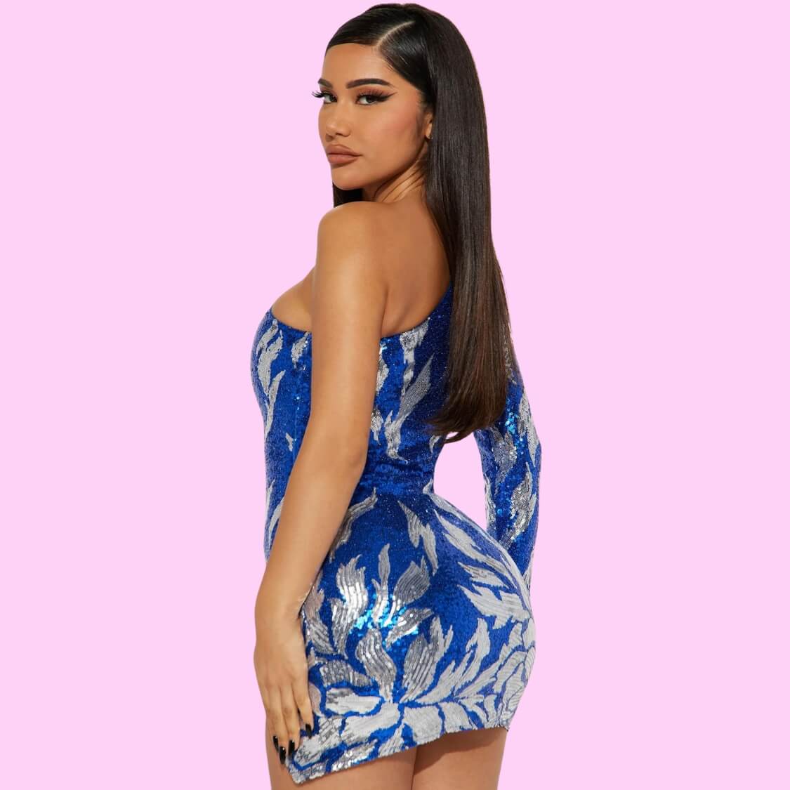 Blue One Shoulder Sequin Dress
