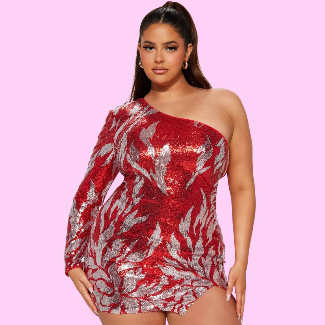 Red One Shoulder Sequin Dress