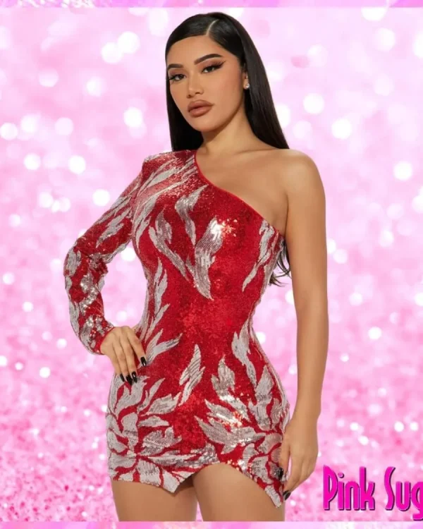 Red One Shoulder Sequin Dress