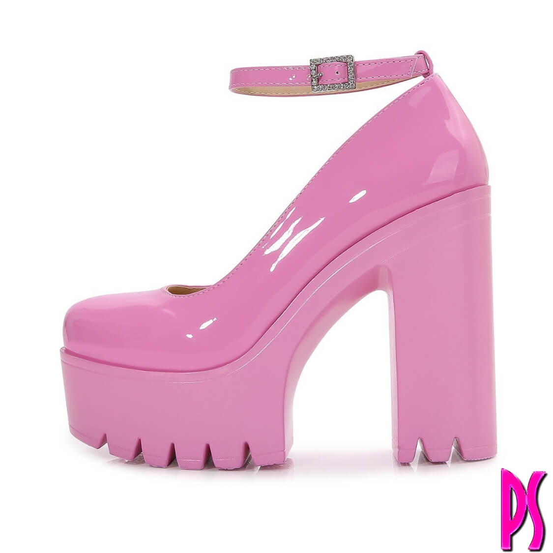 Pink Chunky Heeled Ankle Strap Pumps