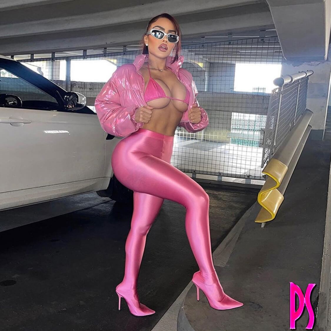 Pink Holographic Crop Puffer Jacket
